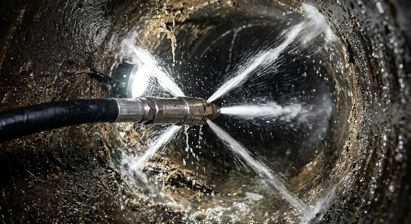High-pressure hydro jetting nozzle cleaning sewer pipe for Trenchless Sewer Repair in Hillsborough