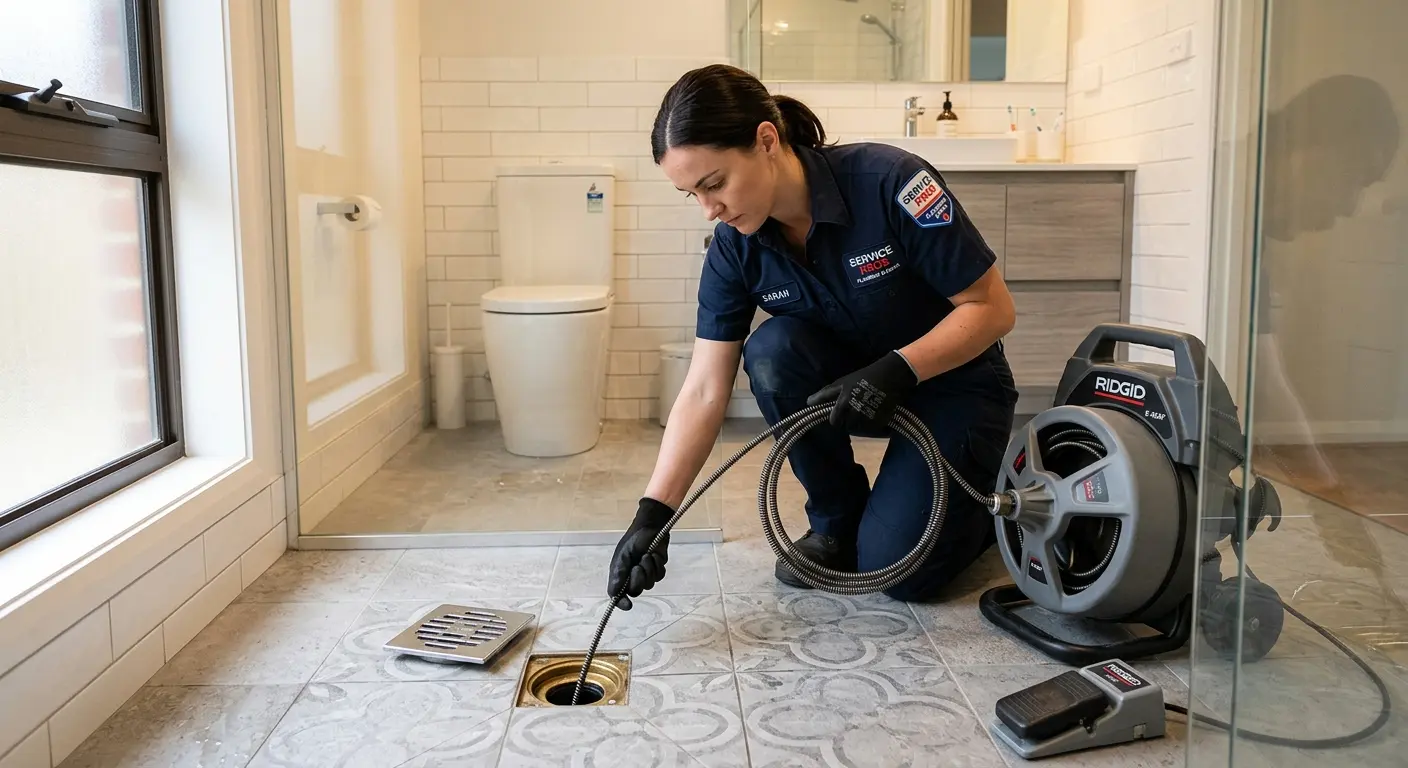 Technician clearing a bathroom floor drain for Clogged Drain Repair in Hillsborough